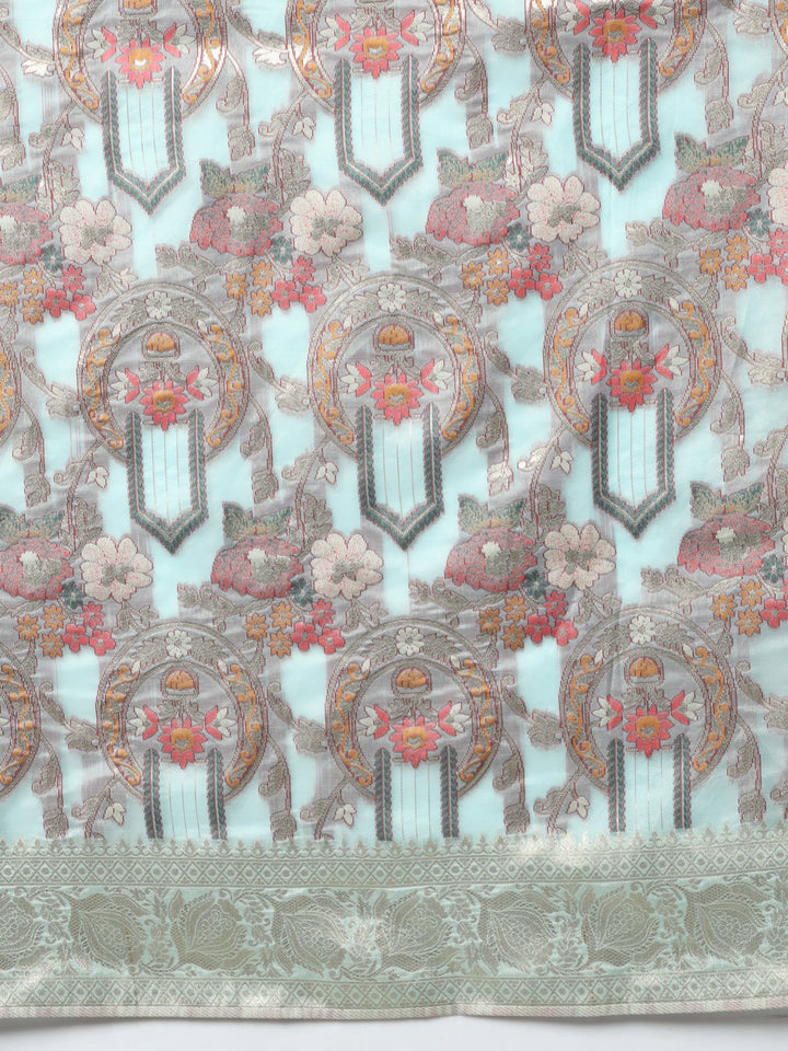 Ice Blue Banarasi Handloom Rangkat Saree with Resham Floral weaves