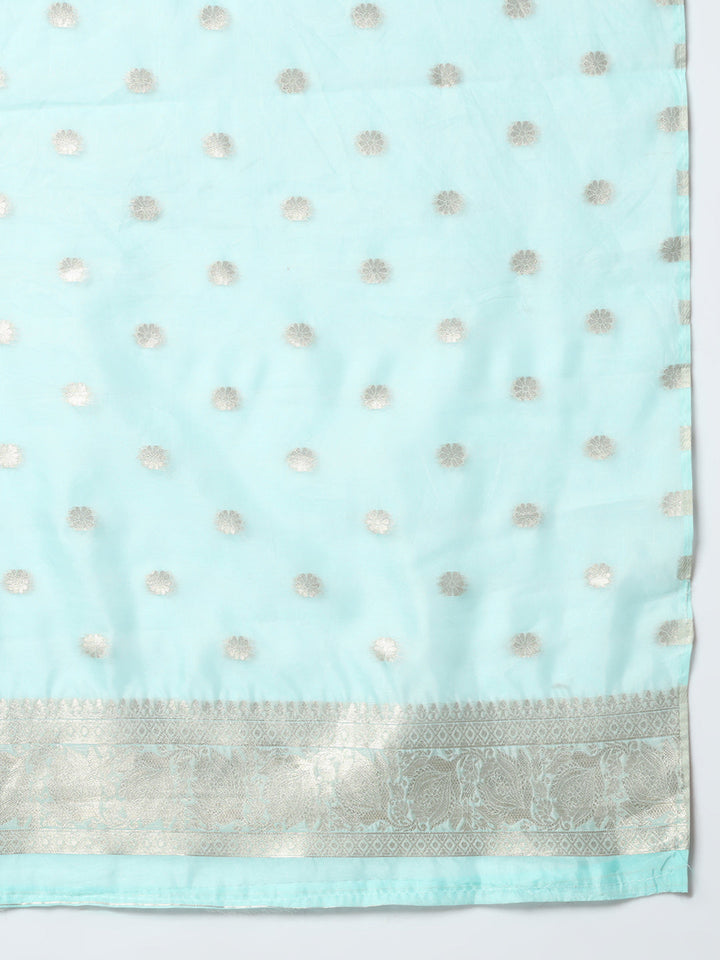 Ice Blue Banarasi Handloom Rangkat Saree with Resham Floral weaves