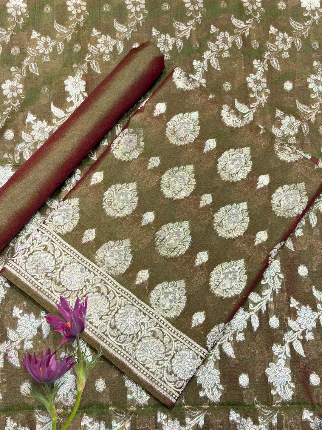 Resham Woven Banarasi Silk Salwar Suit Material with Floral Leheriya Pattern