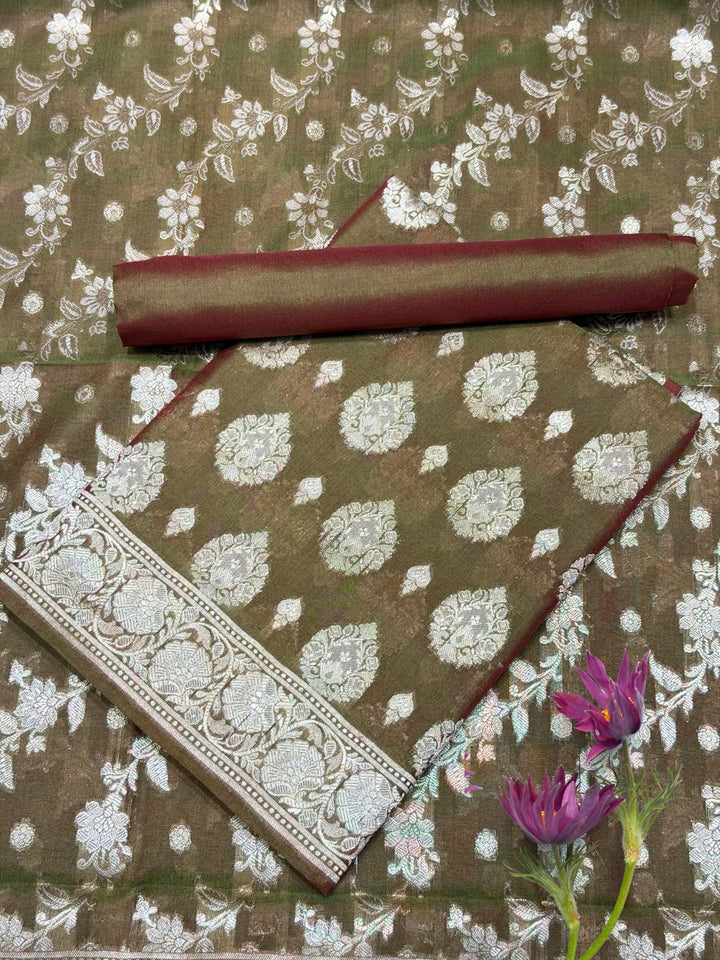 Resham Woven Banarasi Silk Salwar Suit Material with Floral Leheriya Pattern