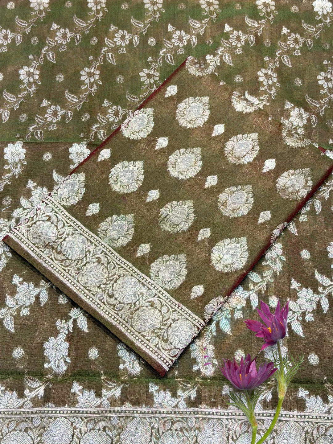 Resham Woven Banarasi Silk Salwar Suit Material with Floral Leheriya Pattern