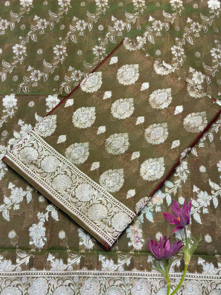 Resham Woven Banarasi Silk Salwar Suit Material with Floral Leheriya Pattern