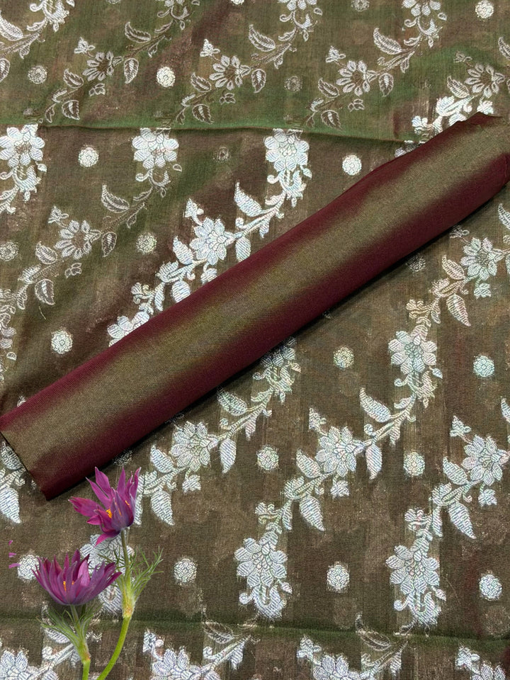 Resham Woven Banarasi Silk Salwar Suit Material with Floral Leheriya Pattern