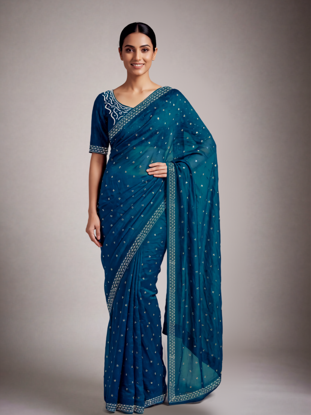 Sequin Embellished Saree with Floral Border and Embroidered Blouse Peice