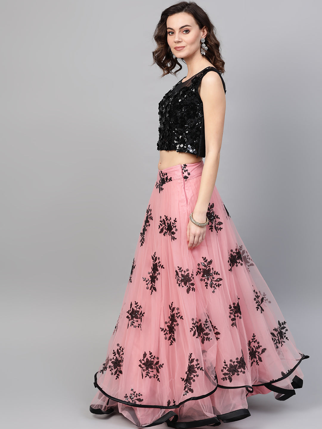 Applique Floral Embroidered Crop Top Lehenga Set with Ruffled Hemline