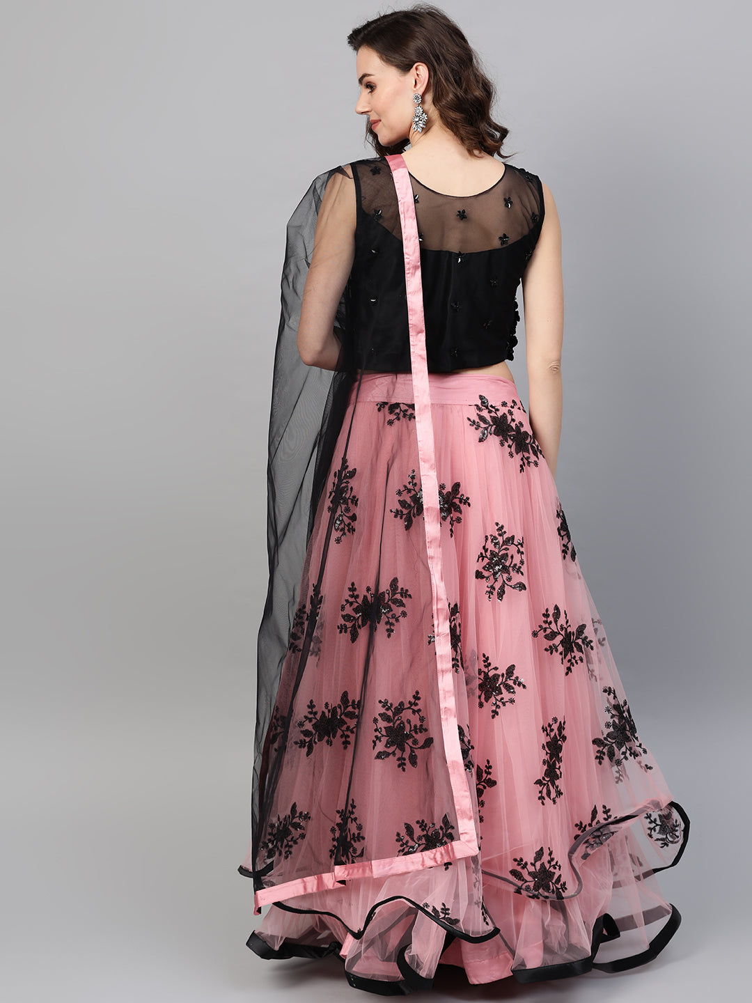 Applique Floral Embroidered Crop Top Lehenga Set with Ruffled Hemline
