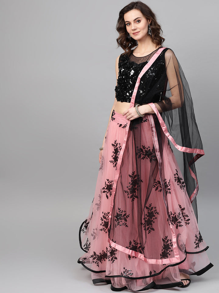 Applique Floral Embroidered Crop Top Lehenga Set with Ruffled Hemline