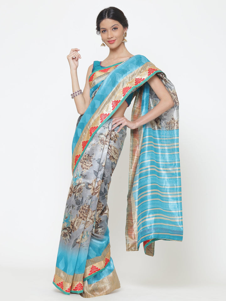 Ombre Grey-scale Floral Print Bhagalpuri Silk Saree
