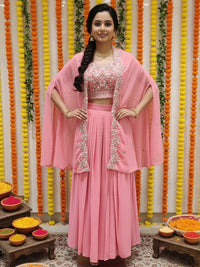 Resham Embroidered Crop Top Set with Pre-pleated Draped Skirt & Sequinned Scalloped Cape