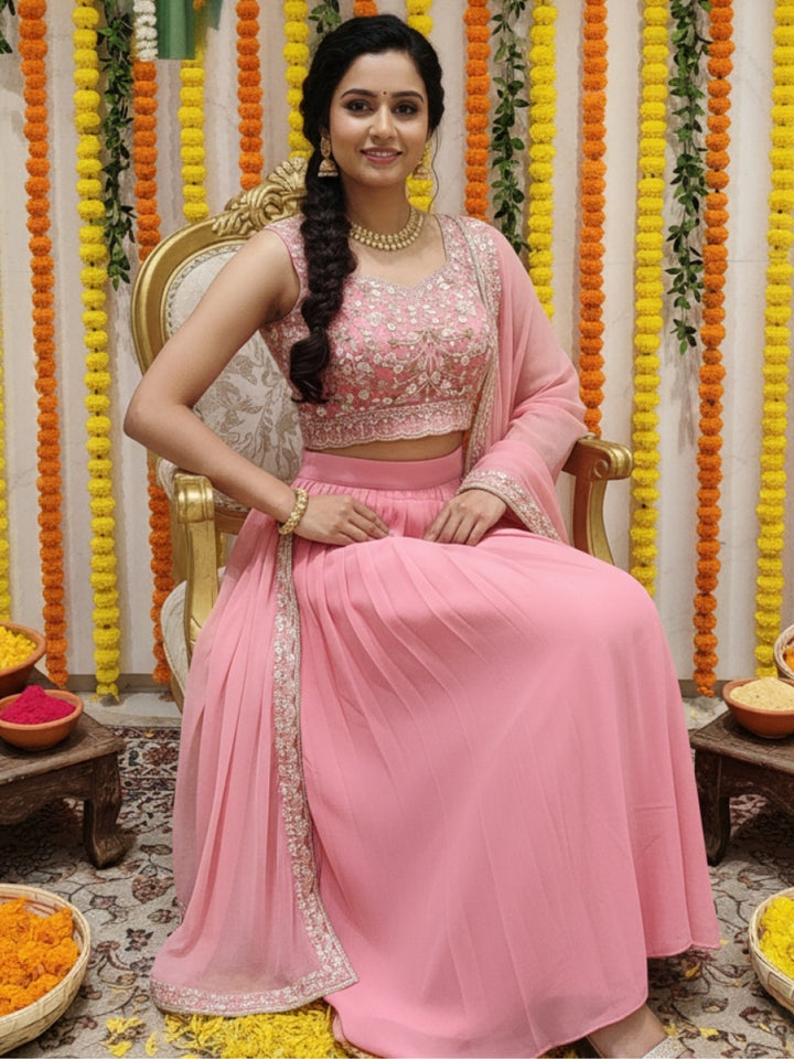Resham Embroidered Crop Top Set with Pre-pleated Draped Skirt & Sequinned Scalloped Cape