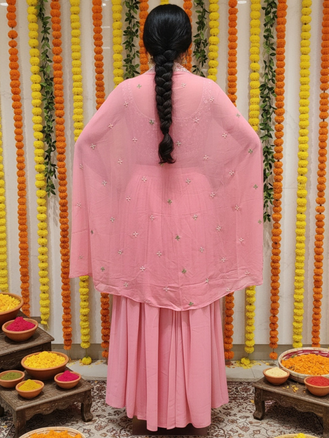 Resham Embroidered Crop Top Set with Pre-pleated Draped Skirt & Sequinned Scalloped Cape