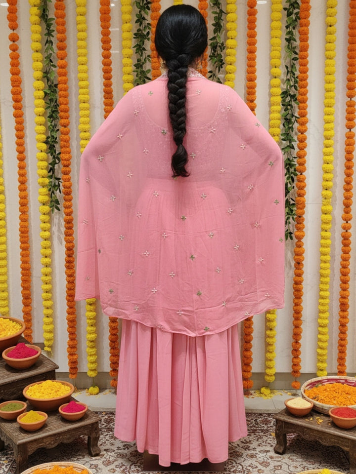 Resham Embroidered Crop Top Set with Pre-pleated Draped Skirt & Sequinned Scalloped Cape