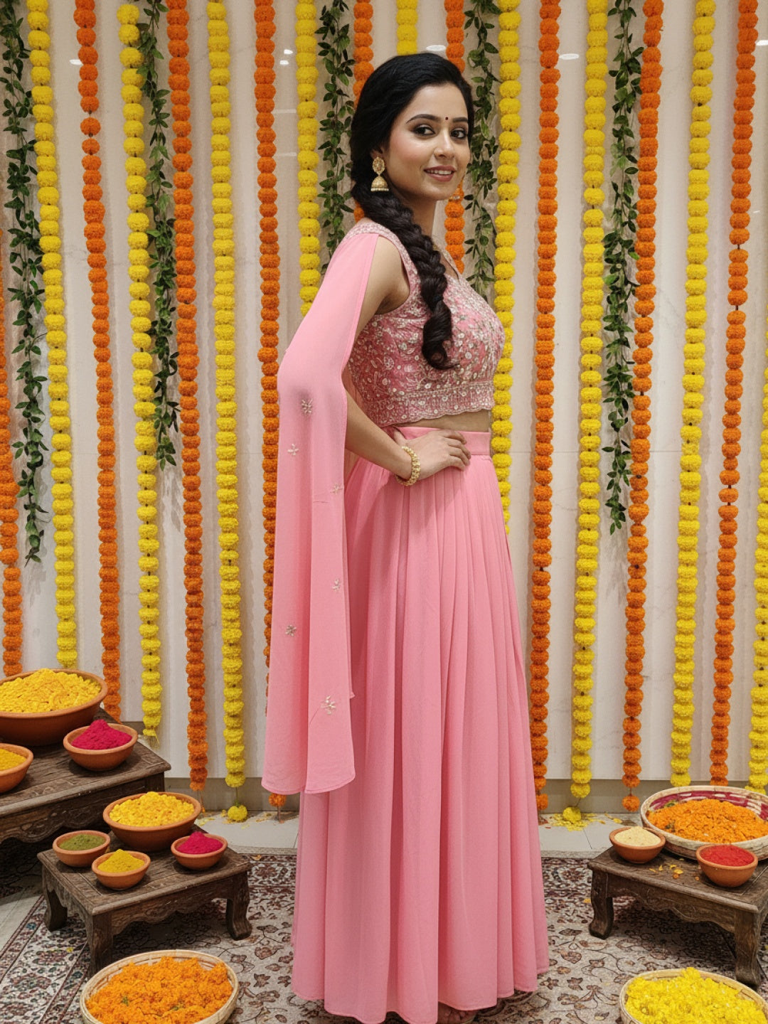 Resham Embroidered Crop Top Set with Pre-pleated Draped Skirt & Sequinned Scalloped Cape