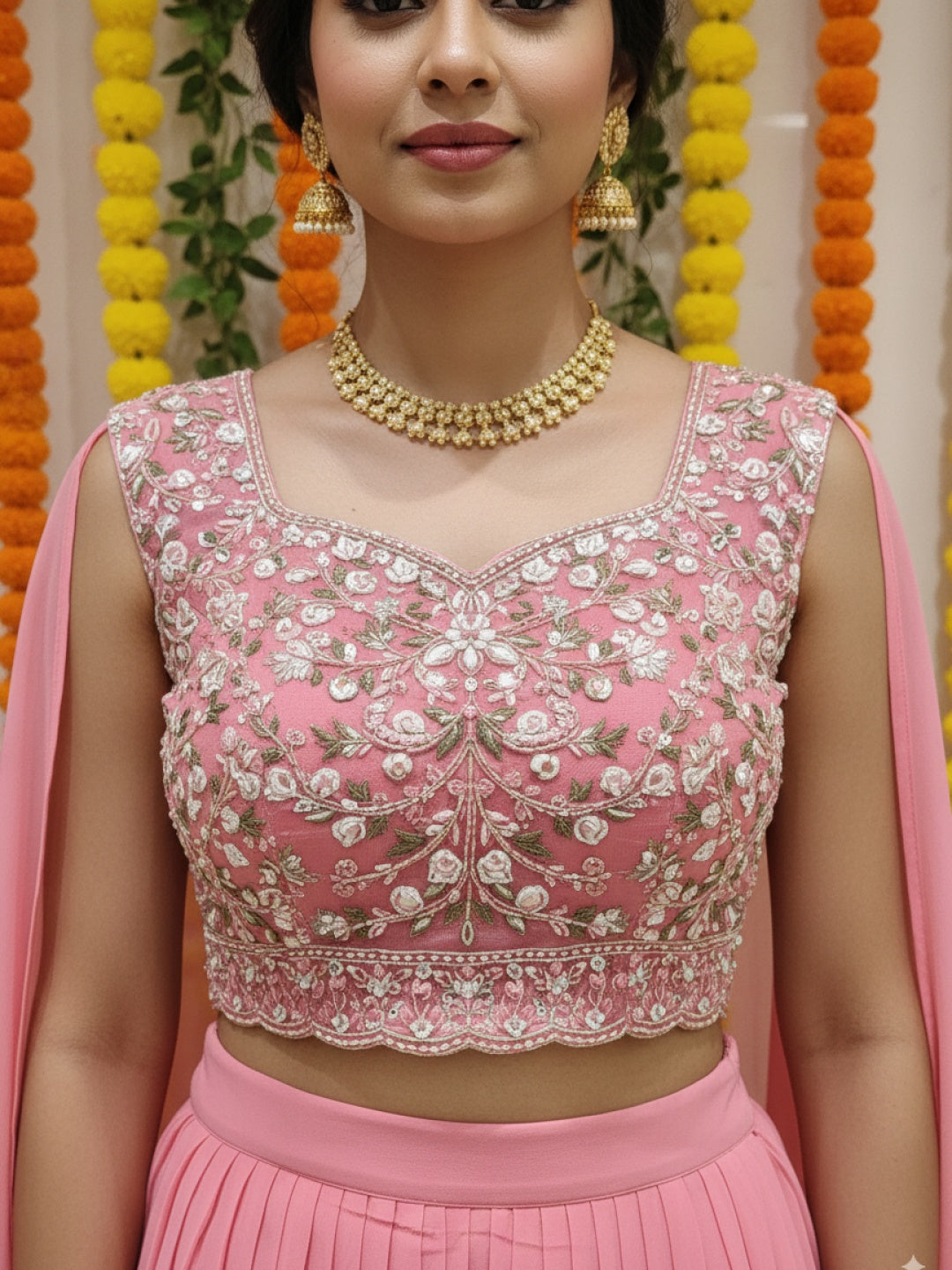 Resham Embroidered Crop Top Set with Pre-pleated Draped Skirt & Sequinned Scalloped Cape