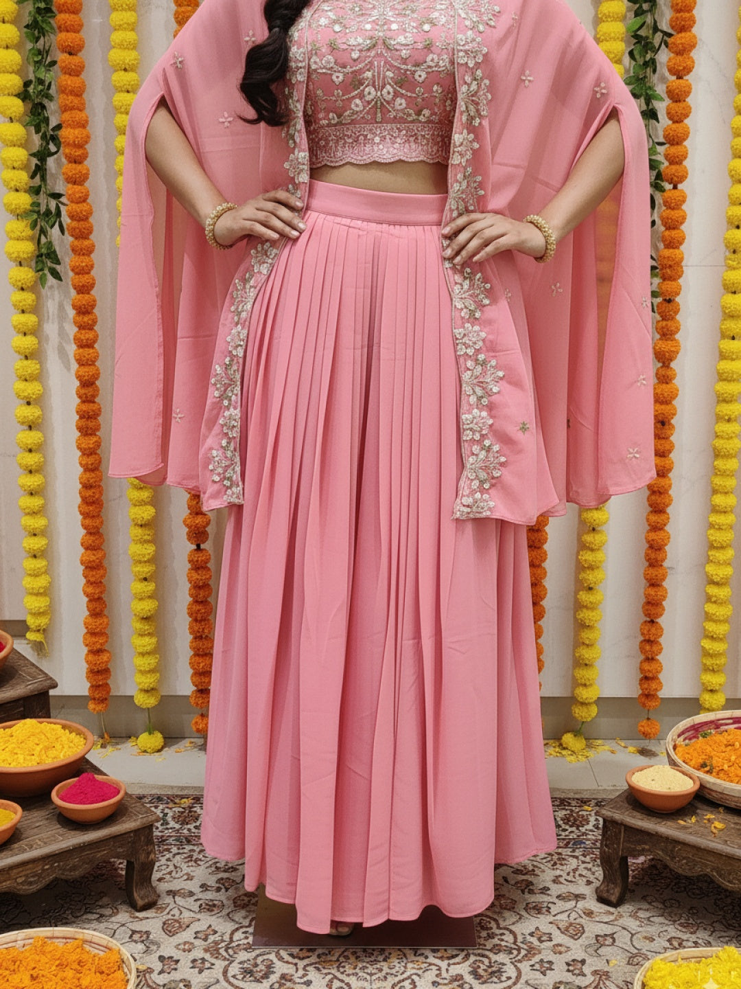 Resham Embroidered Crop Top Set with Pre-pleated Draped Skirt & Sequinned Scalloped Cape