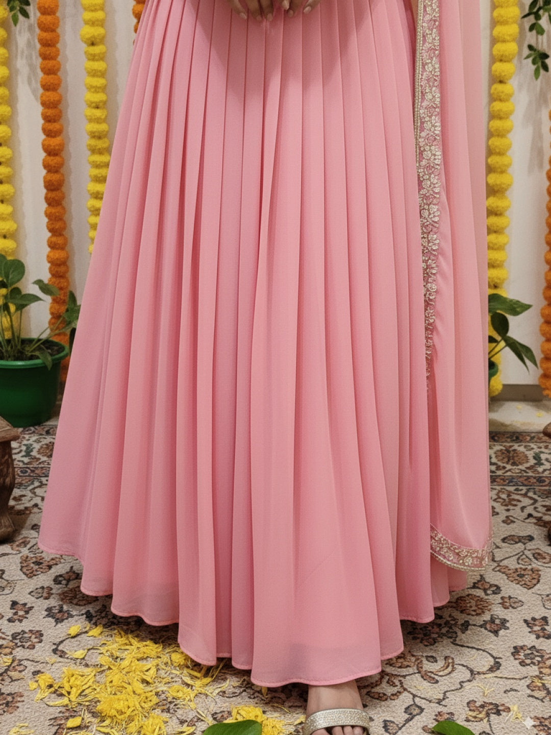 Resham Embroidered Crop Top Set with Pre-pleated Draped Skirt & Sequinned Scalloped Cape