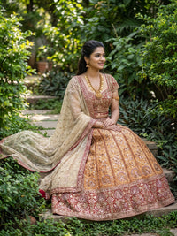 Mustard Gold Bridal Heavy Embroidered Lehenga Choli Set with Net Dupatta