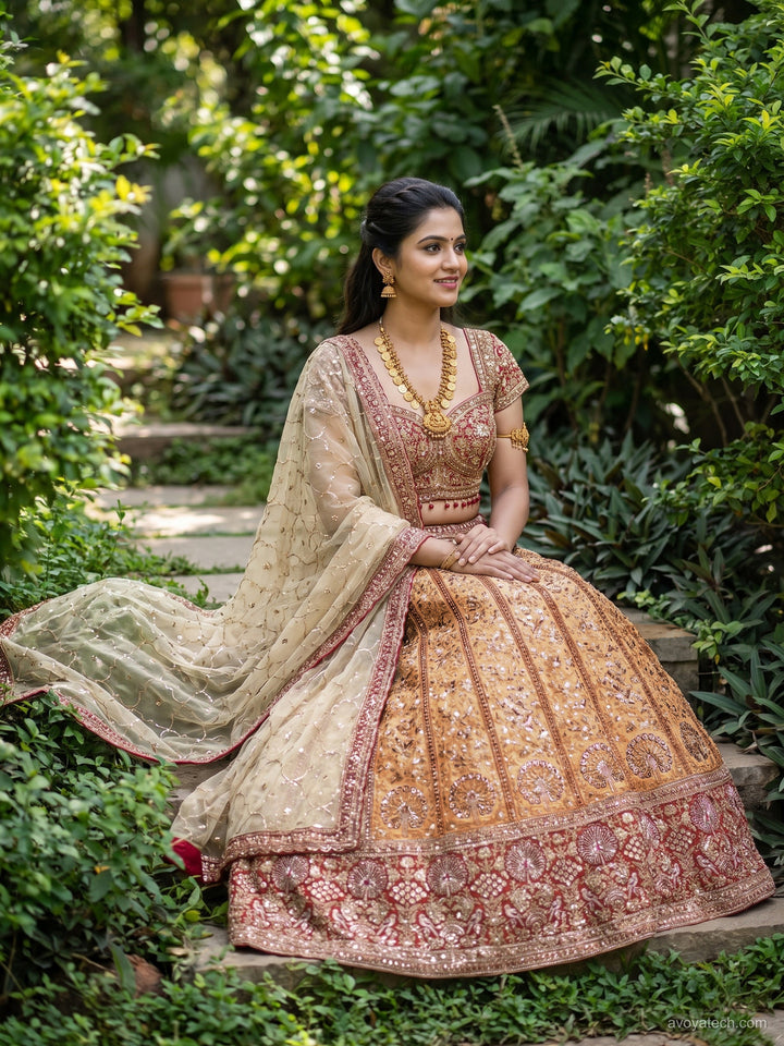 Mustard Gold Bridal Heavy Embroidered Lehenga Choli Set with Net Dupatta