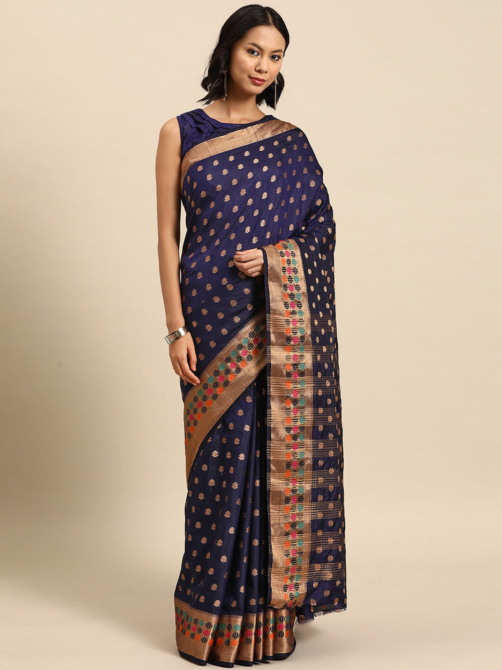 Navy Blue Resham & Zari Woven Bordered Silk Saree with Ethnic Motifs