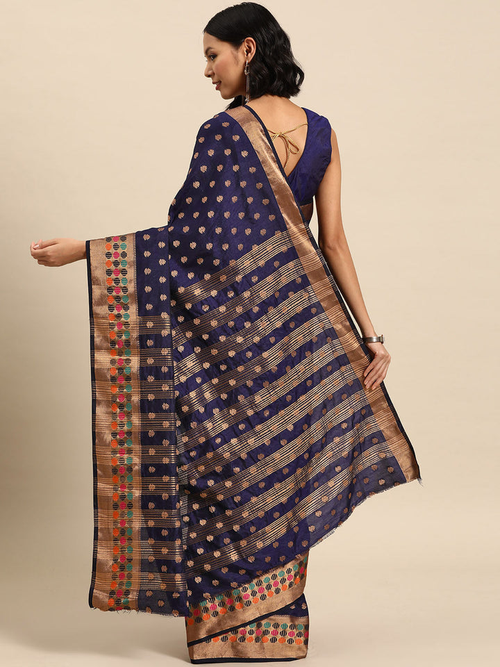 Navy Blue Resham & Zari Woven Bordered Silk Saree with Ethnic Motifs