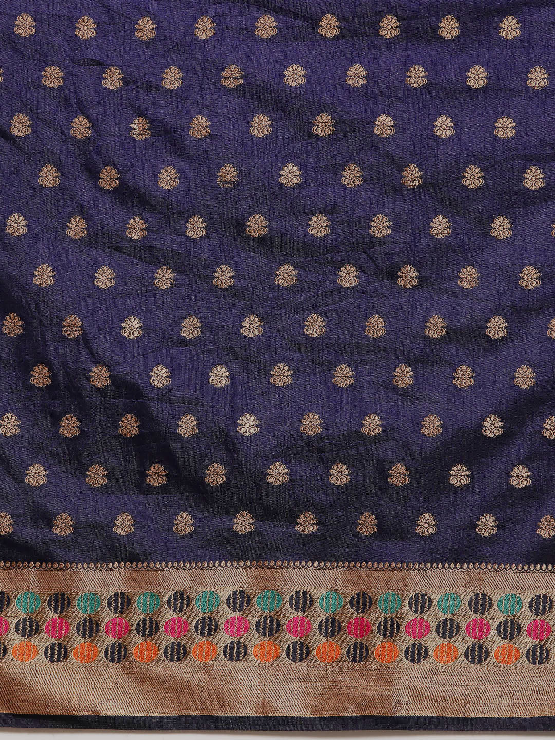Navy Blue Resham & Zari Woven Bordered Silk Saree with Ethnic Motifs