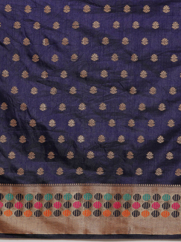 Navy Blue Resham & Zari Woven Bordered Silk Saree with Ethnic Motifs