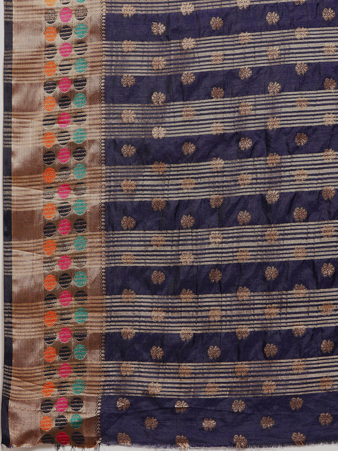 Navy Blue Resham & Zari Woven Bordered Silk Saree with Ethnic Motifs
