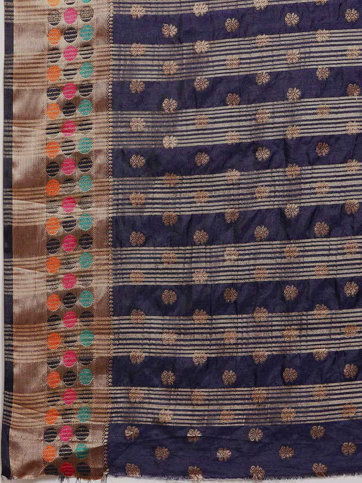 Navy Blue Resham & Zari Woven Bordered Silk Saree with Ethnic Motifs