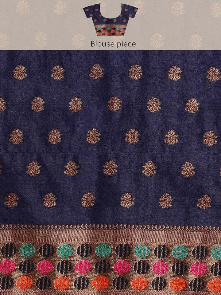 Navy Blue Resham & Zari Woven Bordered Silk Saree with Ethnic Motifs