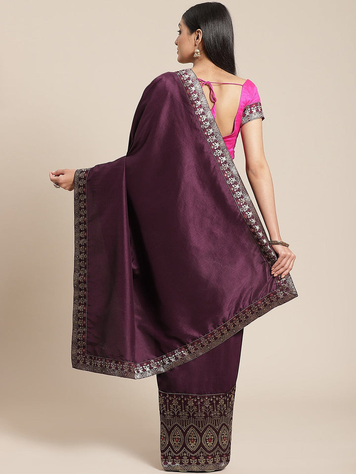 Burgundy Art Silk Embellished Saree with contrast Banarasi Meenakari Weaving Border
