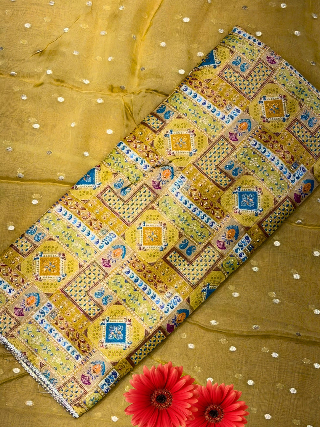 Zari Meenakari Weaving South Crepe Unstitched Suit with Organza Zari Handloom Dupatta