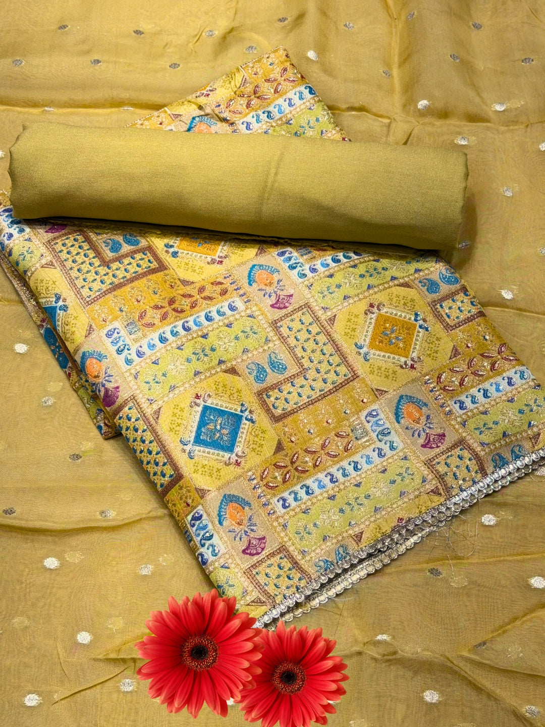 Zari Meenakari Weaving South Crepe Unstitched Suit with Organza Zari Handloom Dupatta