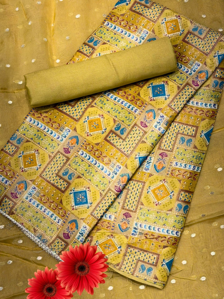Zari Meenakari Weaving South Crepe Unstitched Suit with Organza Zari Handloom Dupatta