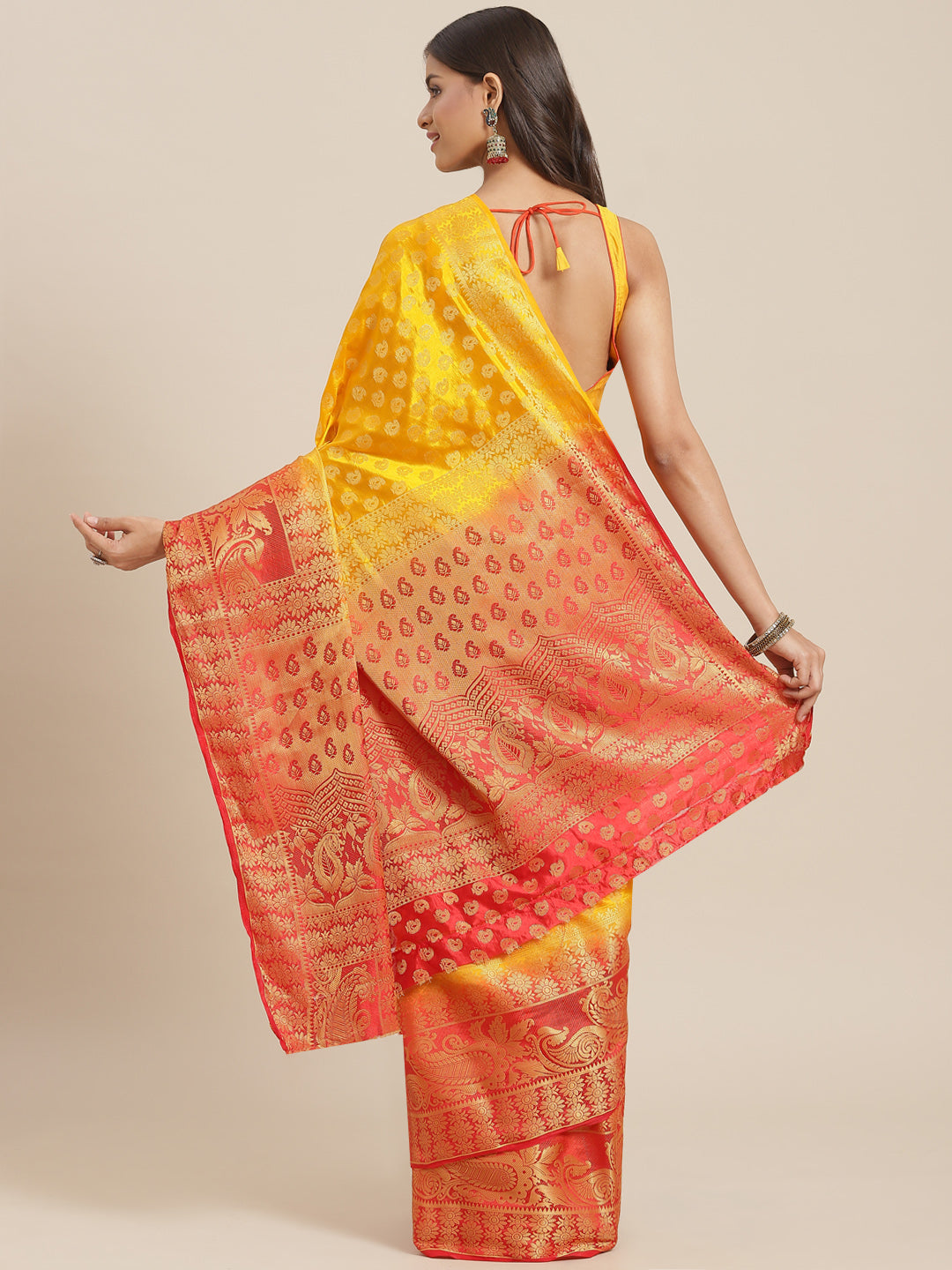 Yellow to Red Ombre Banarasi Georgette Saree With Contrast Blouse