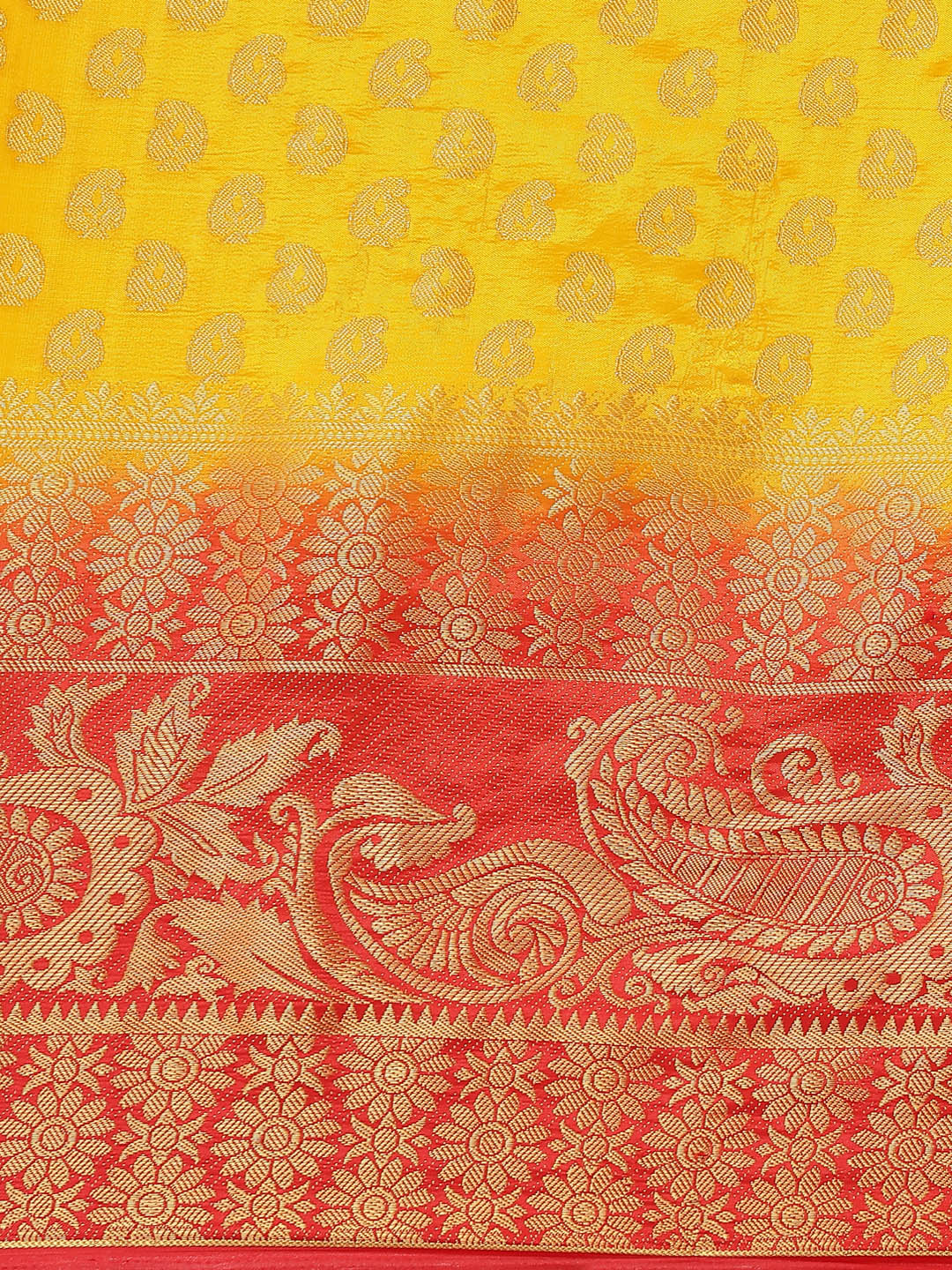 Yellow to Red Ombre Banarasi Georgette Saree With Contrast Blouse