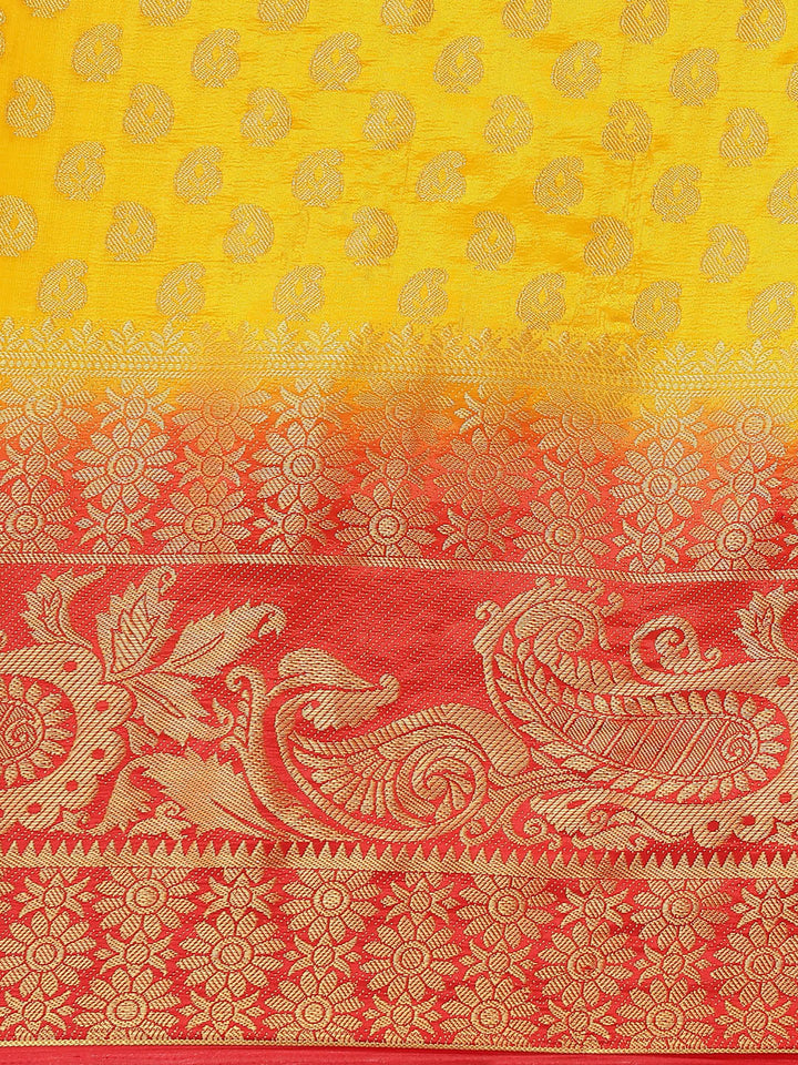 Yellow to Red Ombre Banarasi Georgette Saree With Contrast Blouse