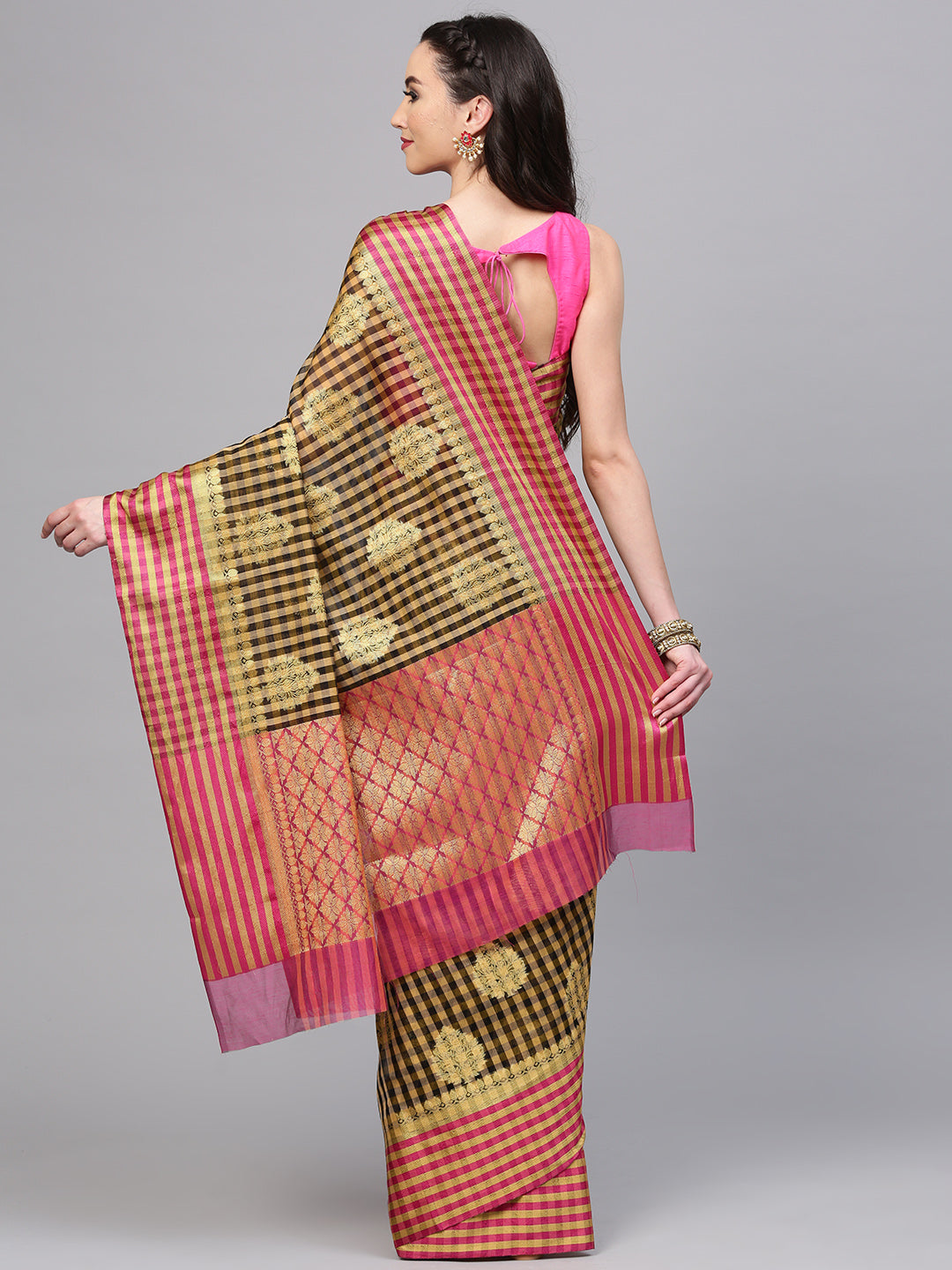 Checked Chanderi Silk Saree with Zari Handloom Motifs