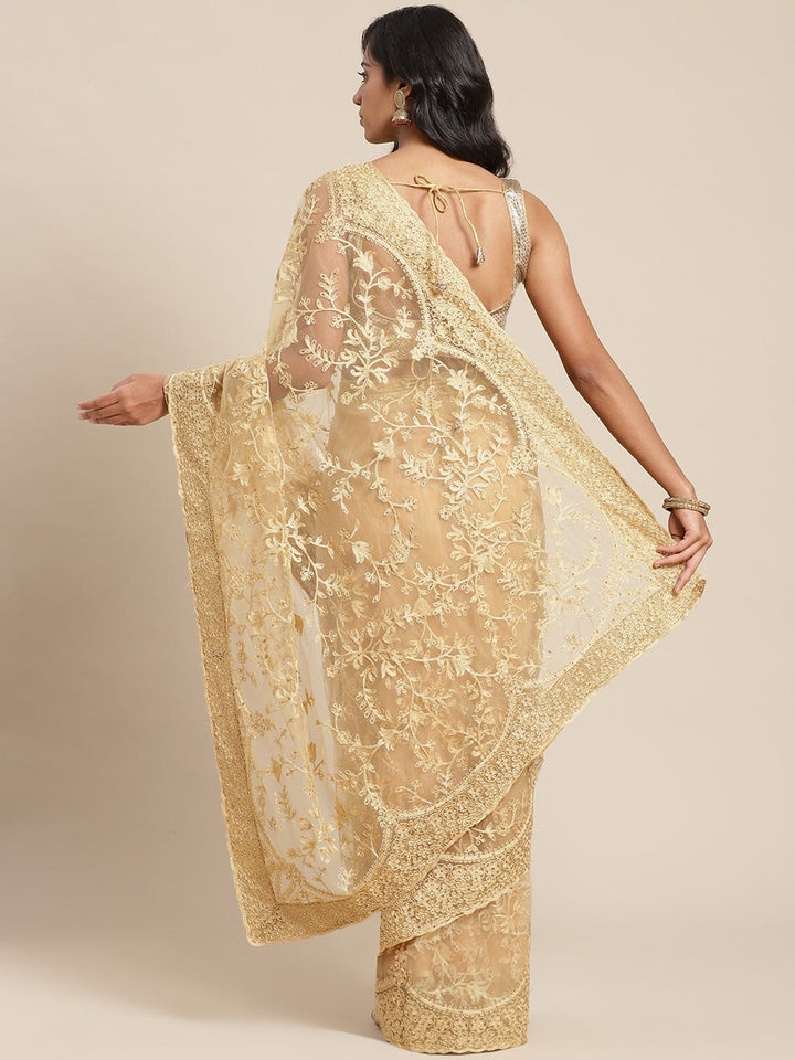 Gold Net Resham Embroidered Saree With Scalloped Cut work Border & Embroidered belt