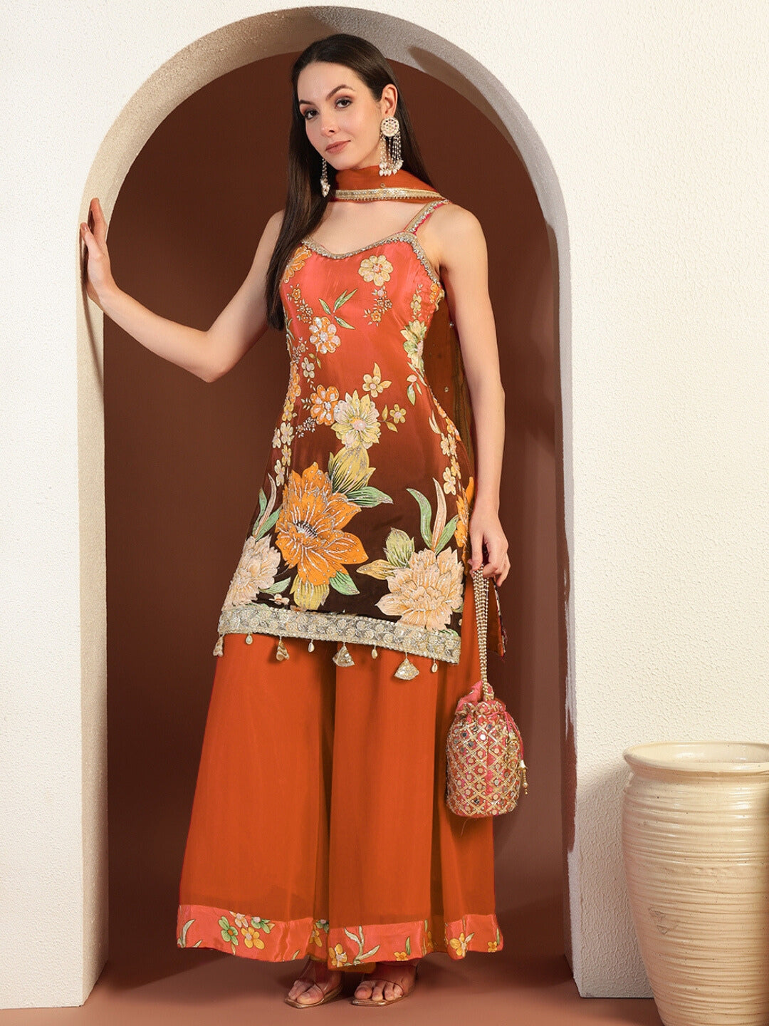 Chhabra 555 Digital Ombre Floral Print Kurta Set with Tasseled Hemline and Pearl Embellishments