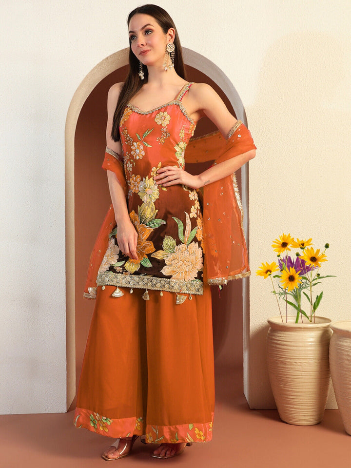 Digital Ombre Floral Print Kurta Set with Tasseled Hemline and Pearl Embellishments