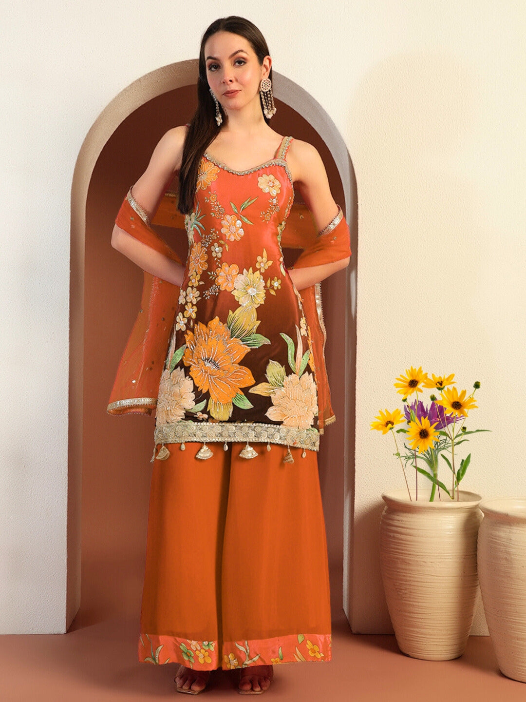 Digital Ombre Floral Print Kurta Set with Tasseled Hemline and Pearl Embellishments