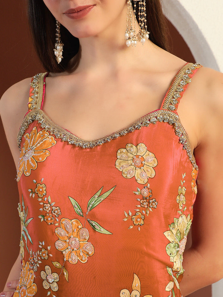 Digital Ombre Floral Print Kurta Set with Tasseled Hemline and Pearl Embellishments