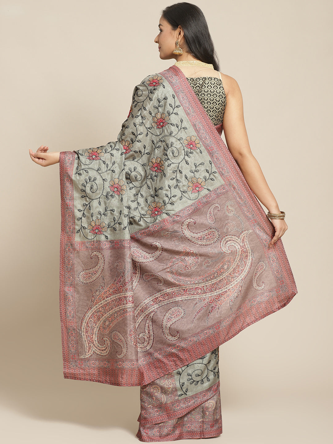 Kantha Resham embroidered Half-and-Half Saree with Traditional kalamkari Print in pleats