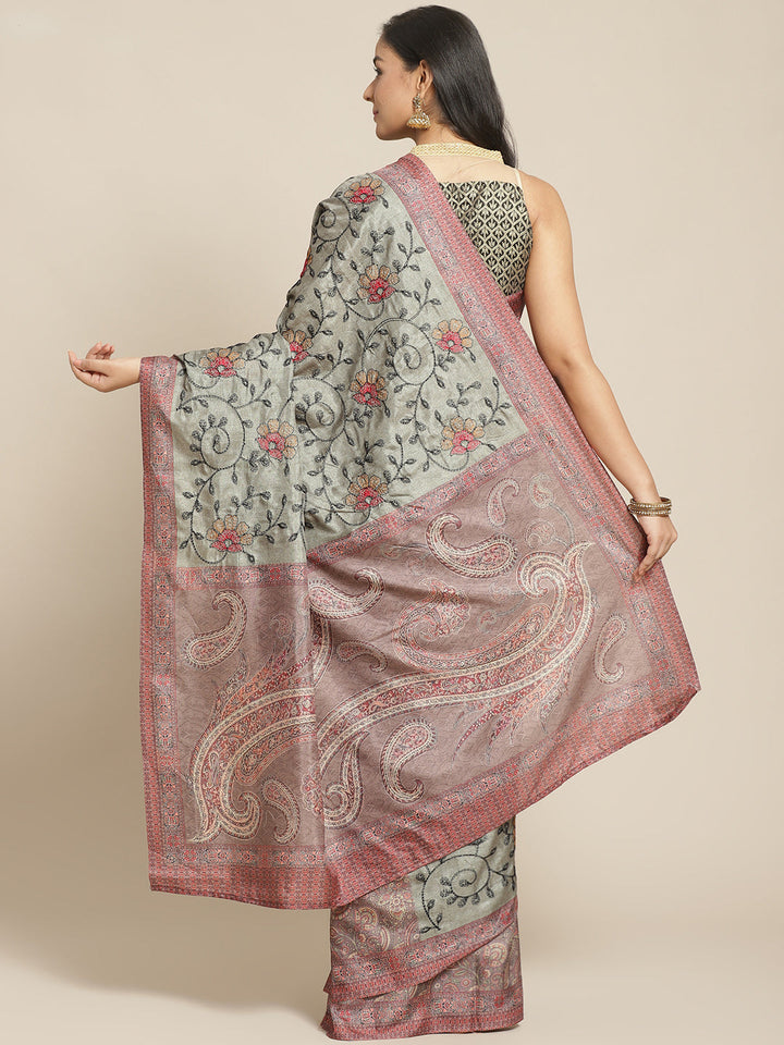 Kantha Resham embroidered Half-and-Half Saree with Traditional kalamkari Print in pleats