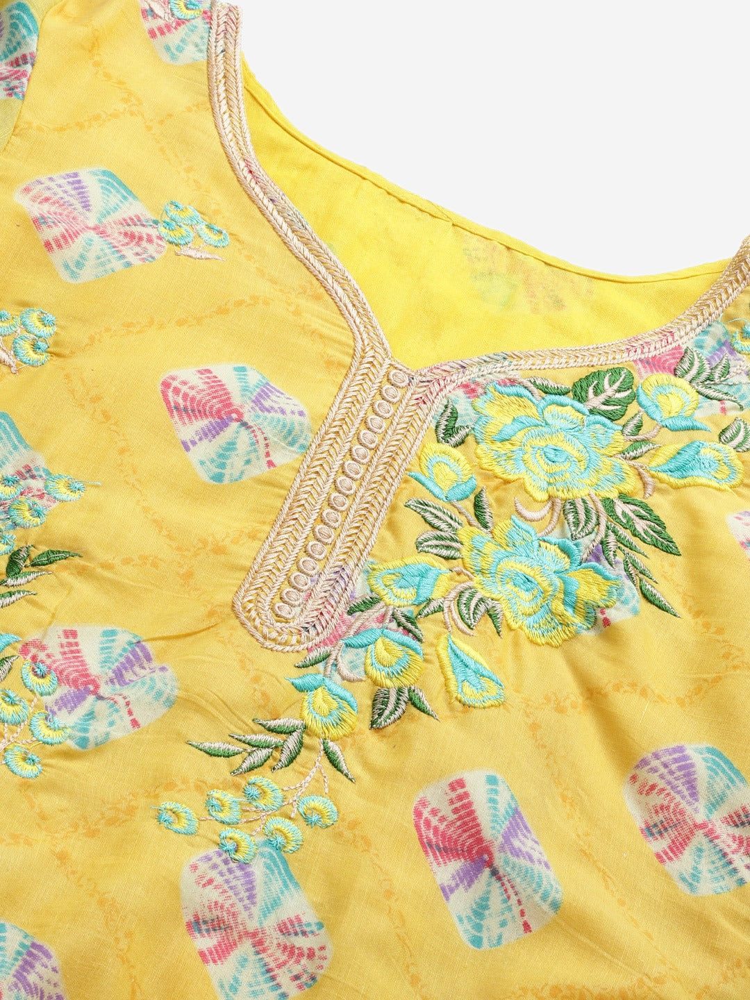Yellow Cotton Unstitched Resham Embroidery Suit with Batik Print