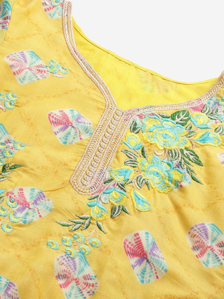 Yellow Cotton Unstitched Resham Embroidery Suit with Batik Print