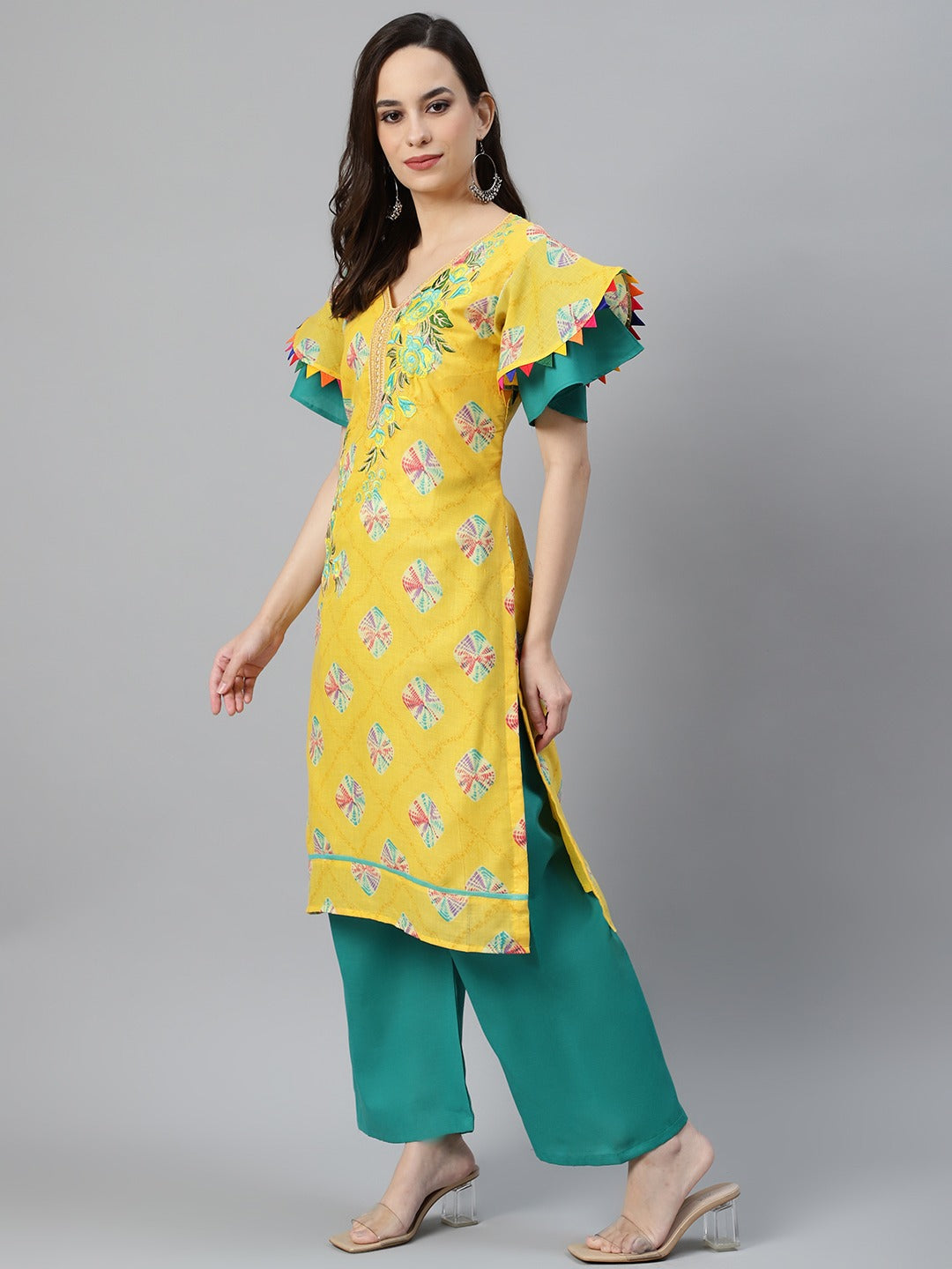 Yellow Cotton Stitched Resham Embroidery Suit with Batik Print & Styled Sleeves