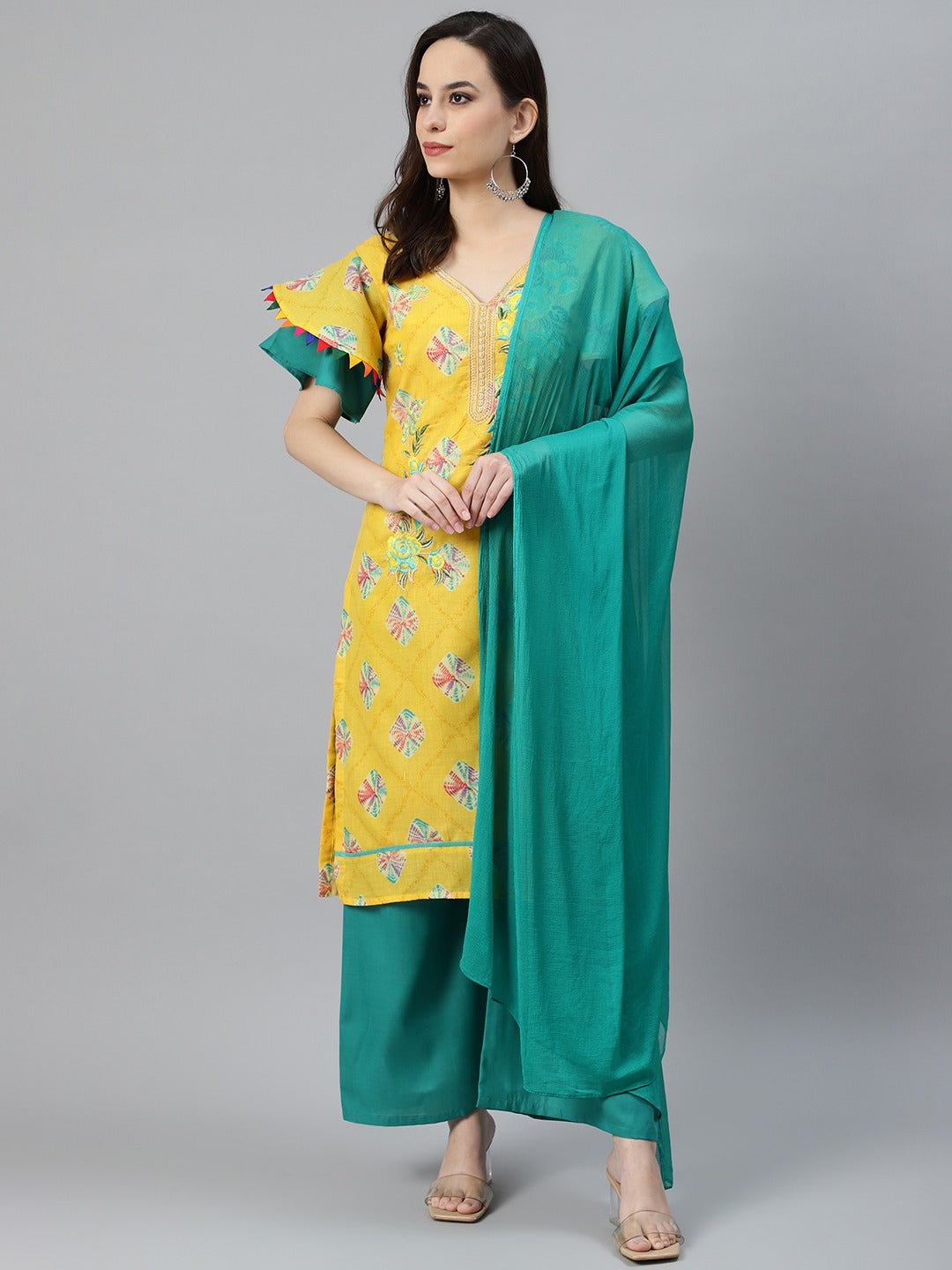 Yellow Cotton Unstitched Resham Embroidery Suit with Batik Print