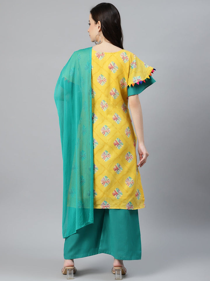 Yellow Cotton Unstitched Resham Embroidery Suit with Batik Print