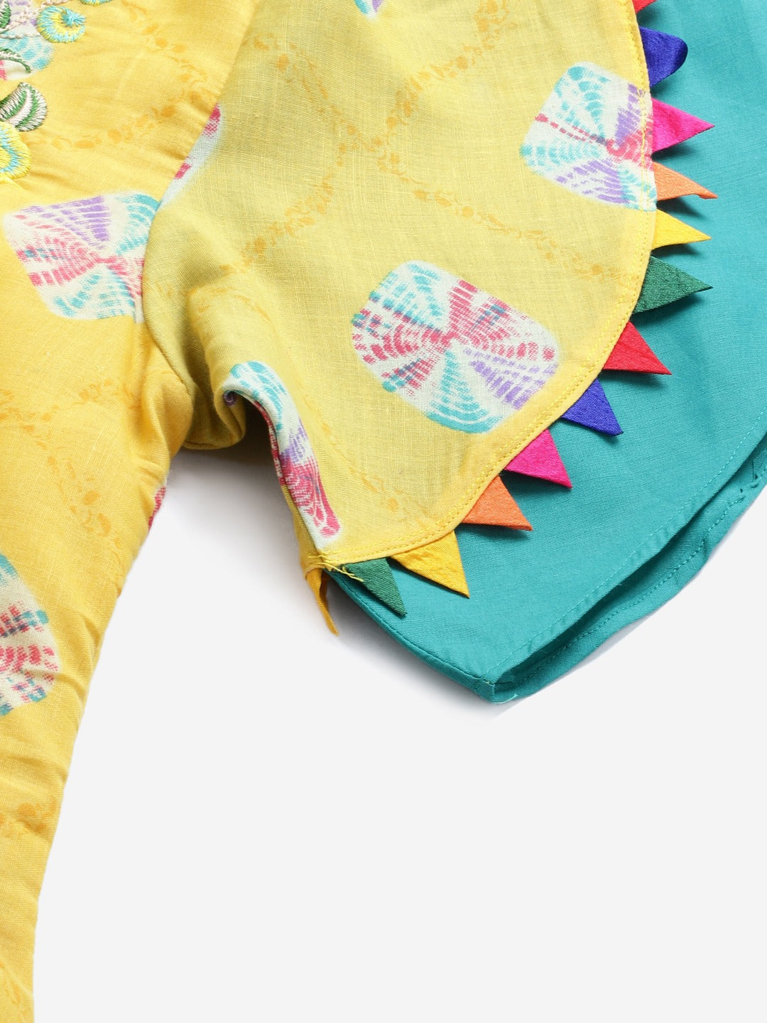Yellow Cotton Stitched Resham Embroidery Suit with Batik Print & Styled Sleeves